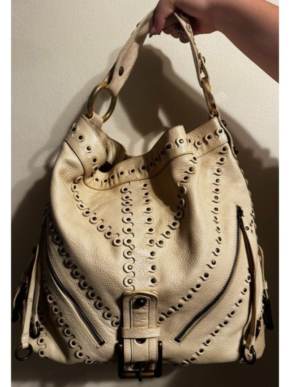 Vtg Besso Cream Italy Studded Leather Shoulder hobo Bag Y2K Western Boho Buckle - Picture 3 of 16